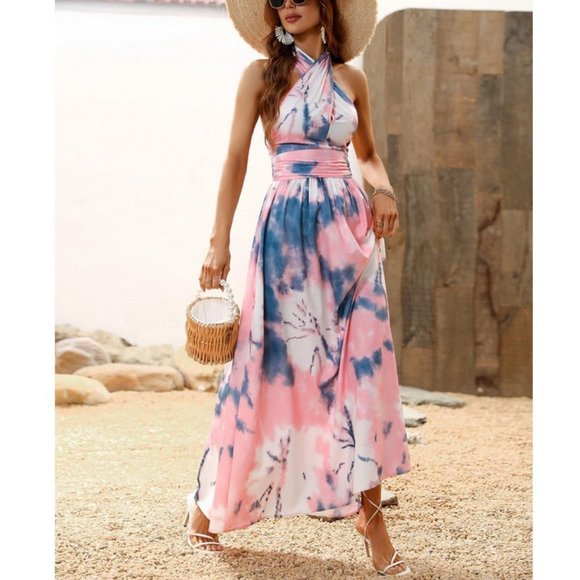 Multicolor Boho Womens Tie Dye Backless Shirred Halter Dress - Picture 7 of 7